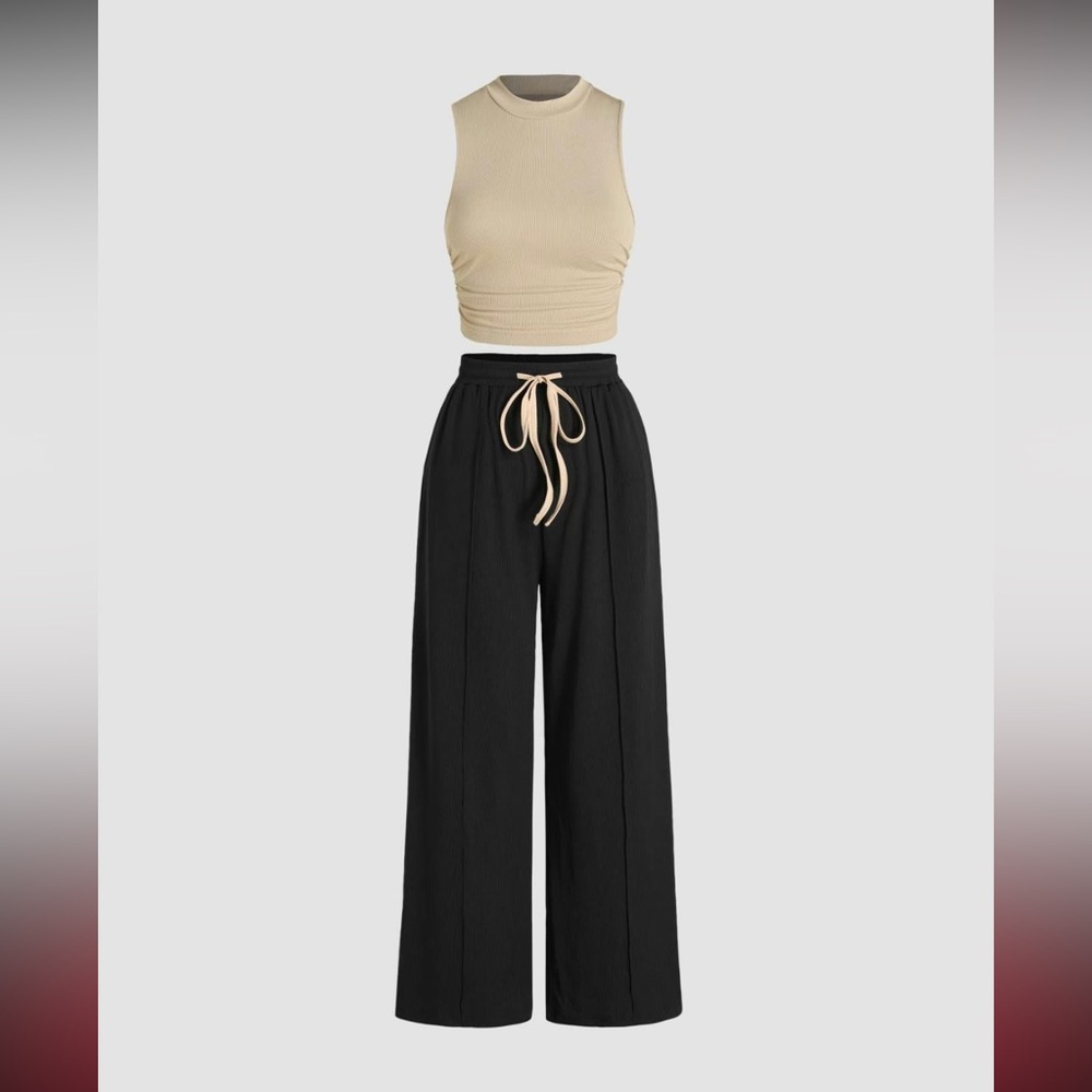 Women's Ruched Tank Top & Drawstring
Waist Pants Ribbed Set